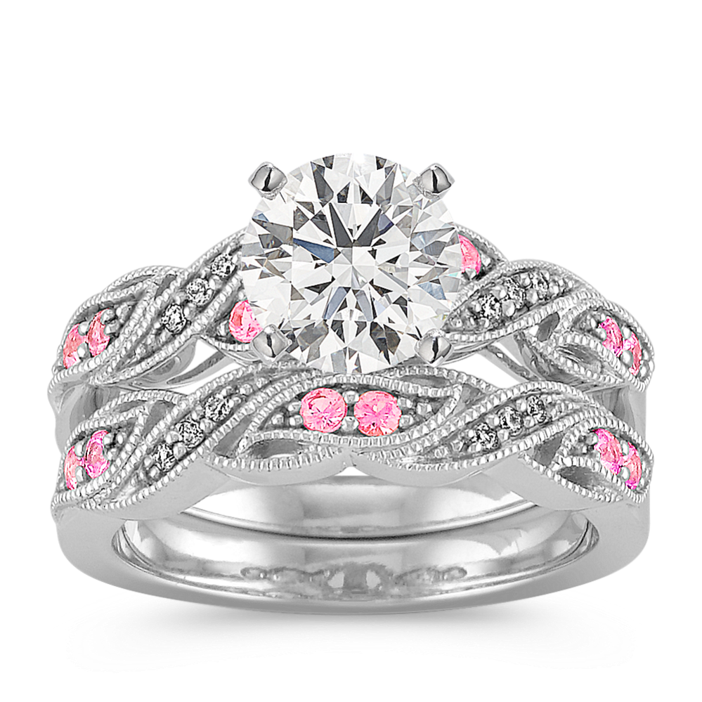 Swirl Vintage Pink Sapphire and Diamond Wedding Set