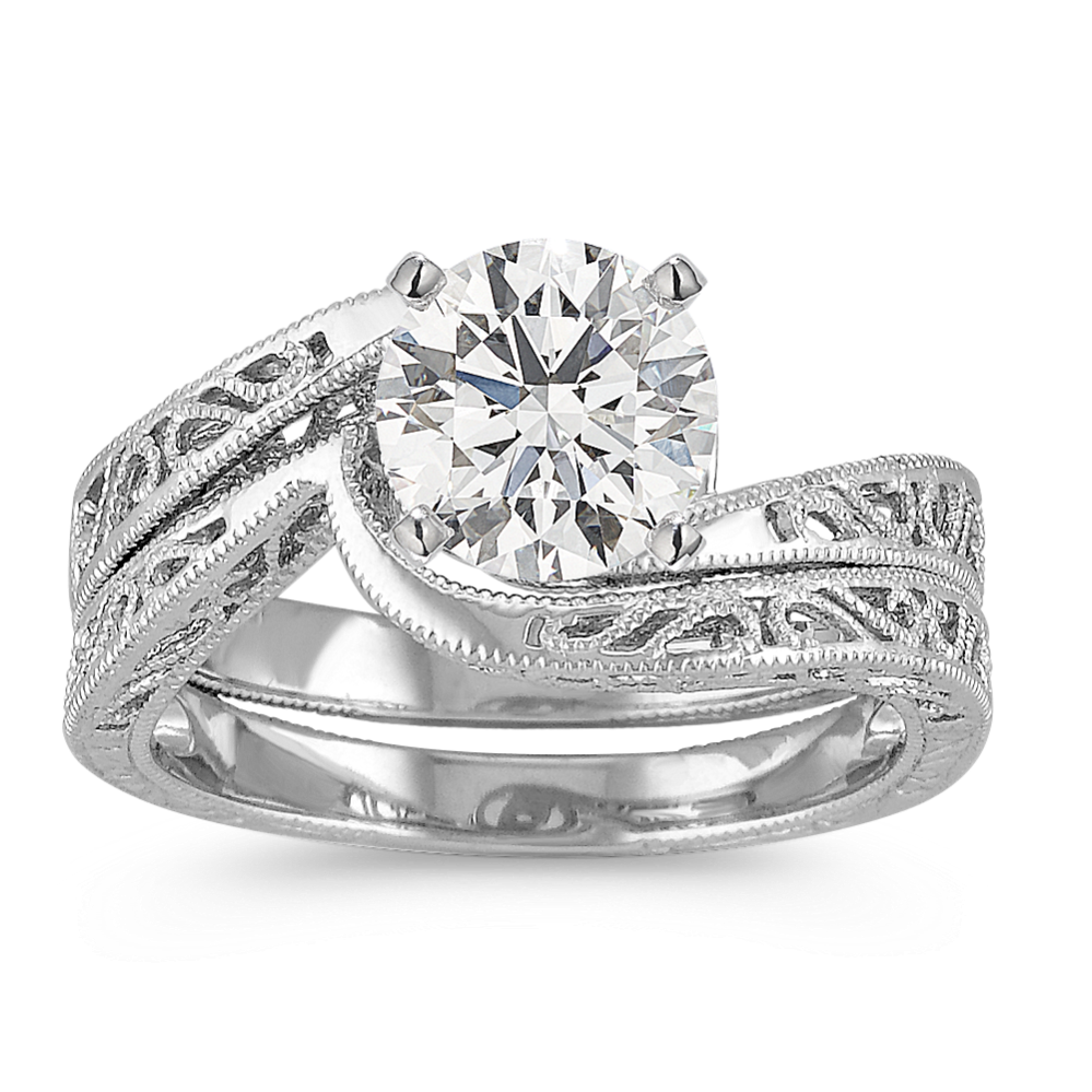 Vintage Swirl 14k White Gold Wedding Set