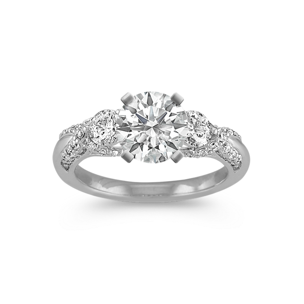 Round Natural Diamond Three-Stone Engagement Ring with Pave Setting
