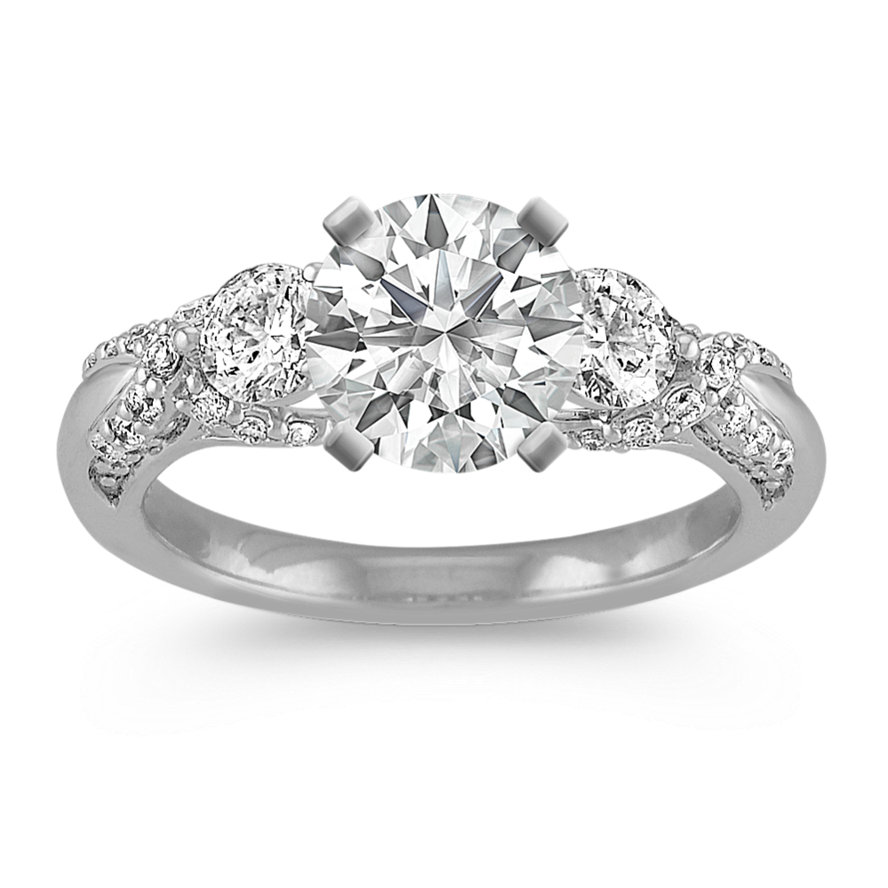 Round Diamond Three-Stone Engagement Ring with Pave Setting