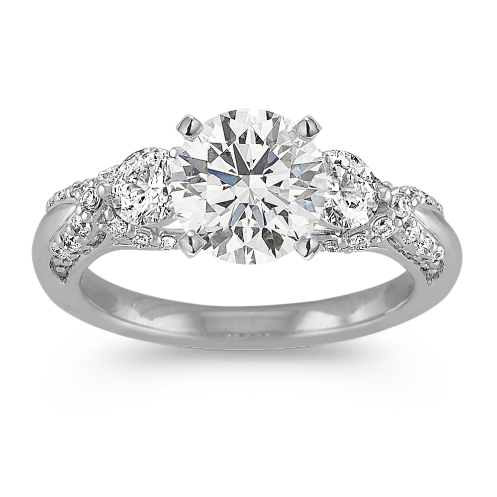 Round Diamond Three-Stone Engagement Ring with Pave Setting