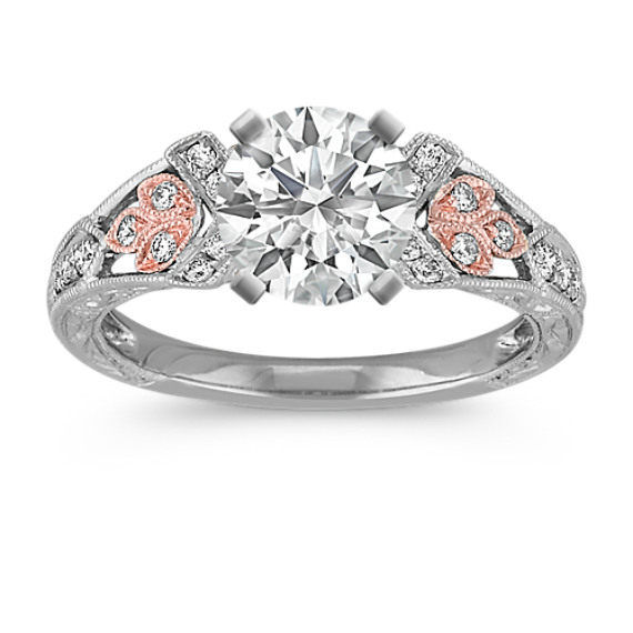 Vintage Diamond Engagement Ring In White Gold With Rose Gold Leaf