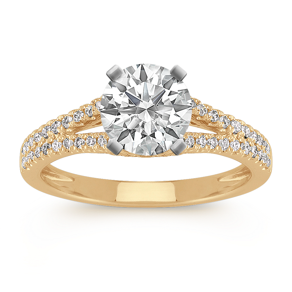 Diamond Split Shank Engagement Ring with Pave Setting in 14k Yellow Gold