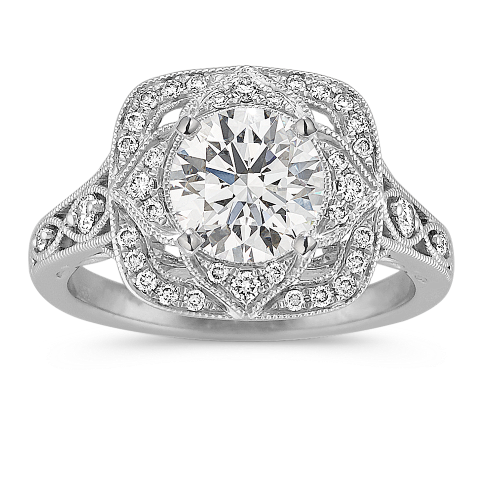 Vintage Halo Engagement Ring with Pave-Set Round Diamonds