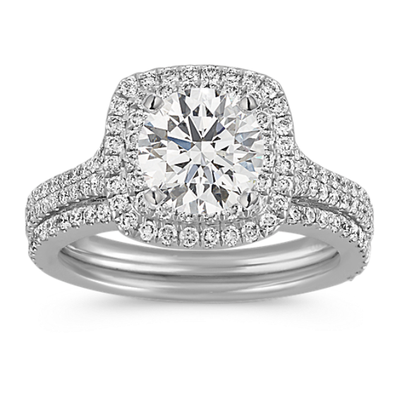 Double Halo Wedding Set with Round Diamond Accent