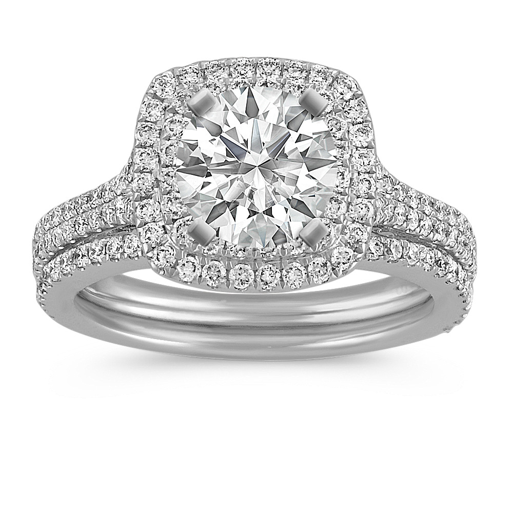 Double Halo Wedding Set With Round Diamond Accent Shane Co