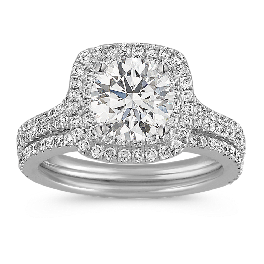 Double Halo Wedding Set with Round Diamond Accent