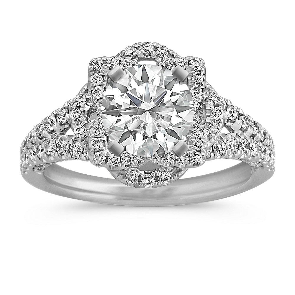 Corsage Round Diamond Floral Halo Split Shank Engagement Ring