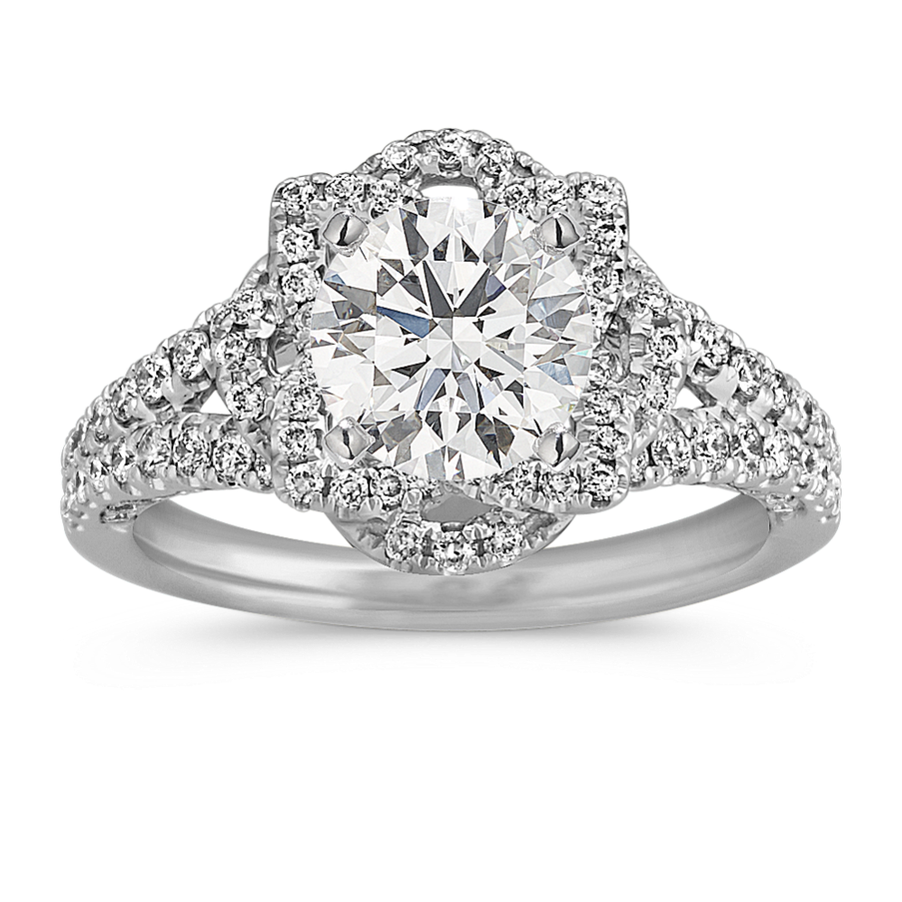 Corsage Round Diamond Floral Halo Split Shank Engagement Ring