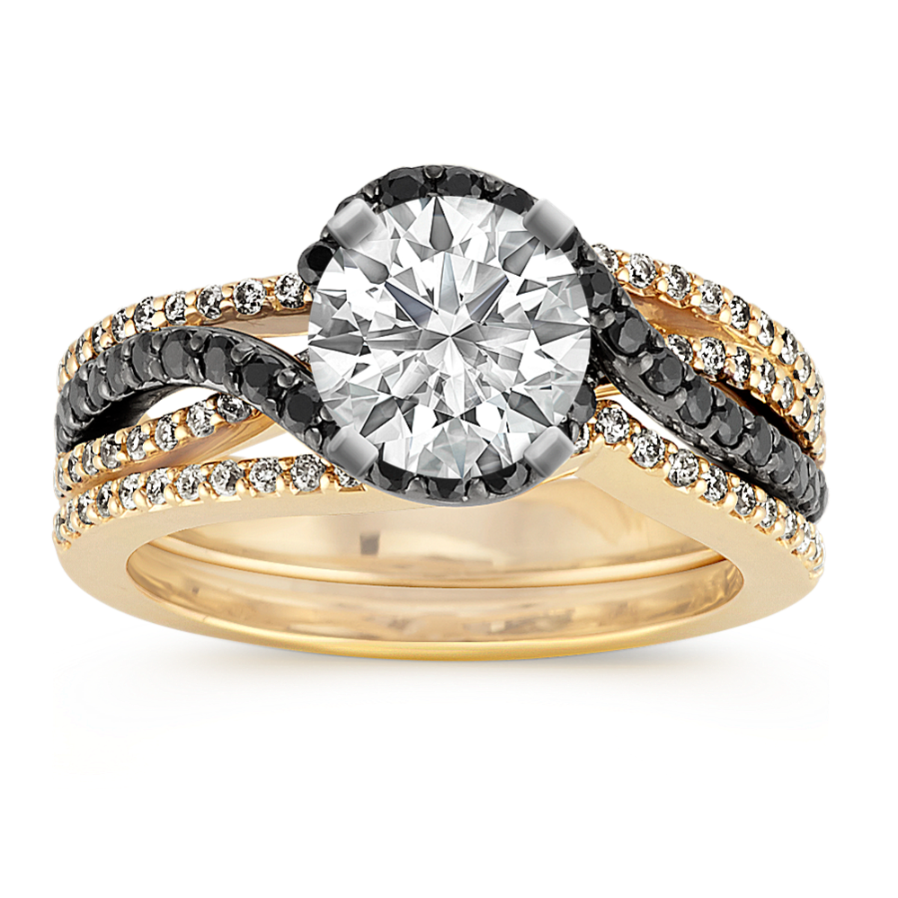 Round Black Sapphire and Round Diamond Wedding Set in 14k Yellow Gold