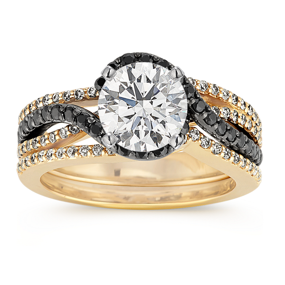 Round Black Sapphire and Round Diamond Wedding Set in 14k Yellow Gold