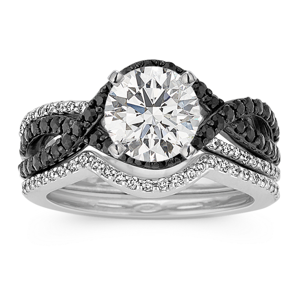 Round Black Sapphire and Round Diamond Swirl Wedding Set