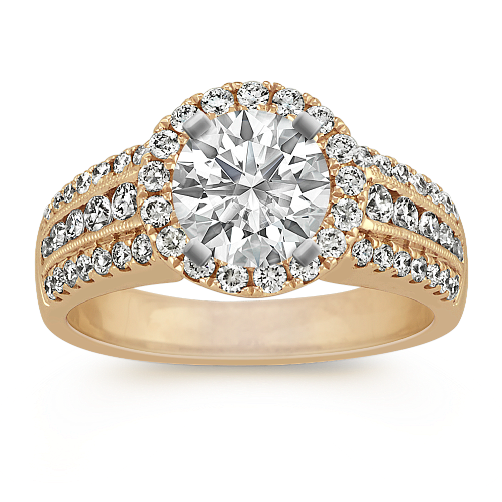 Round Pave Set Diamond Halo Engagement Ring in 14k Yellow Gold