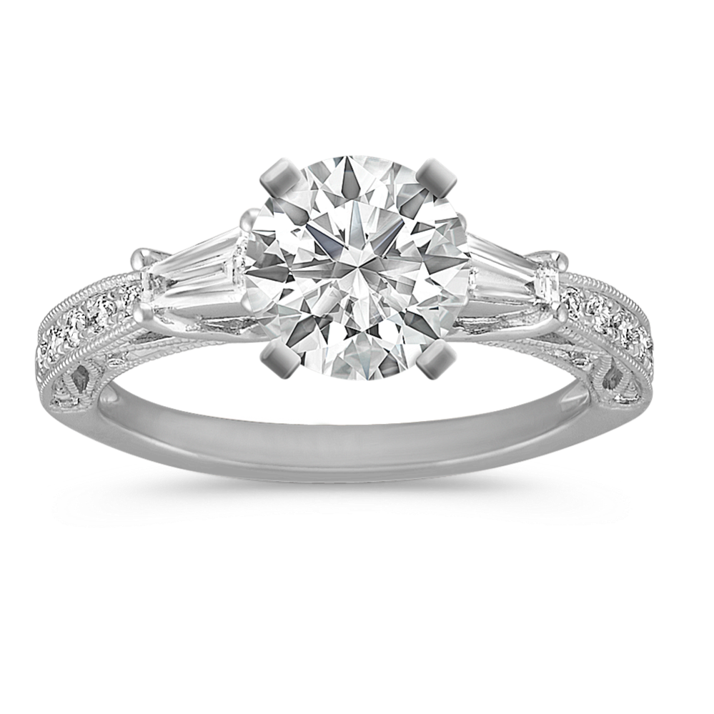 Round and Baguette Diamond Vintage Engagement Ring