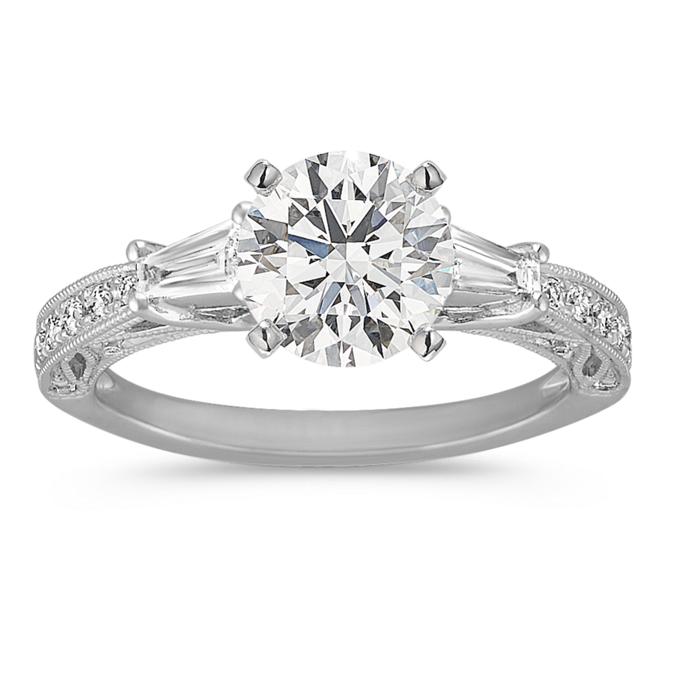 Round and Baguette Diamond Vintage Engagement Ring