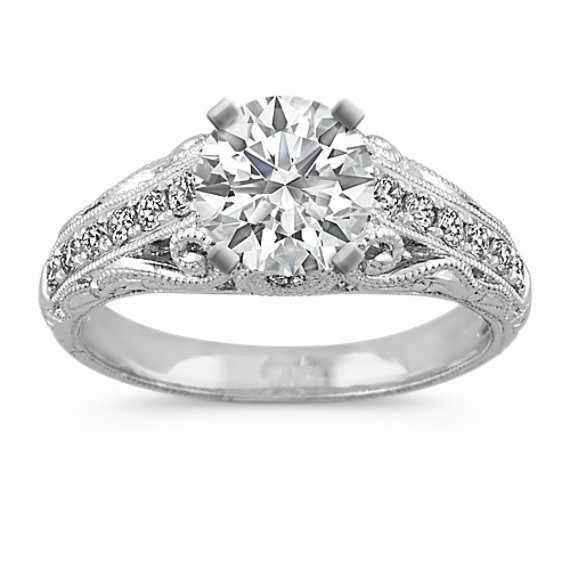 Round Diamond Vintage Engraved Platinum Engagement Ring