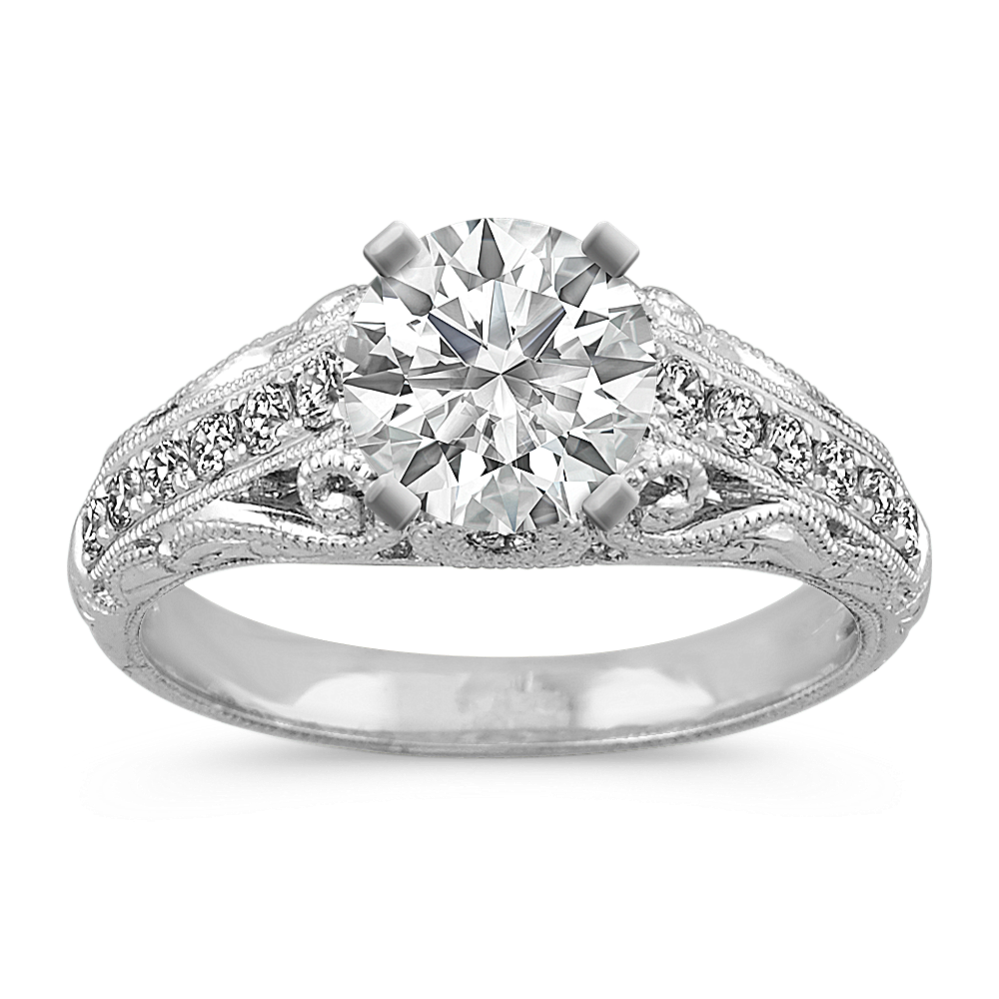 Round Diamond Vintage Engraved Platinum Engagement Ring