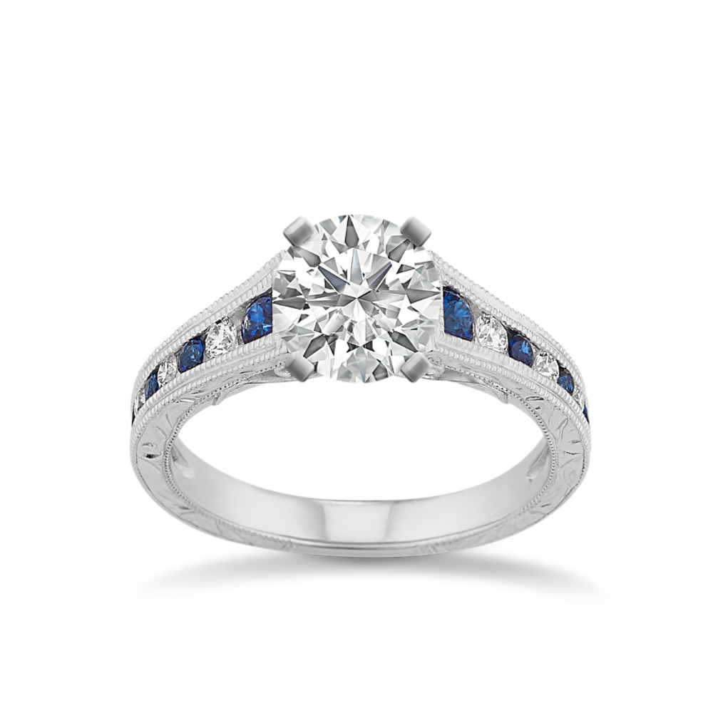 Round Traditional Natural Sapphire and Natural Diamond Vintage Engagement Ring