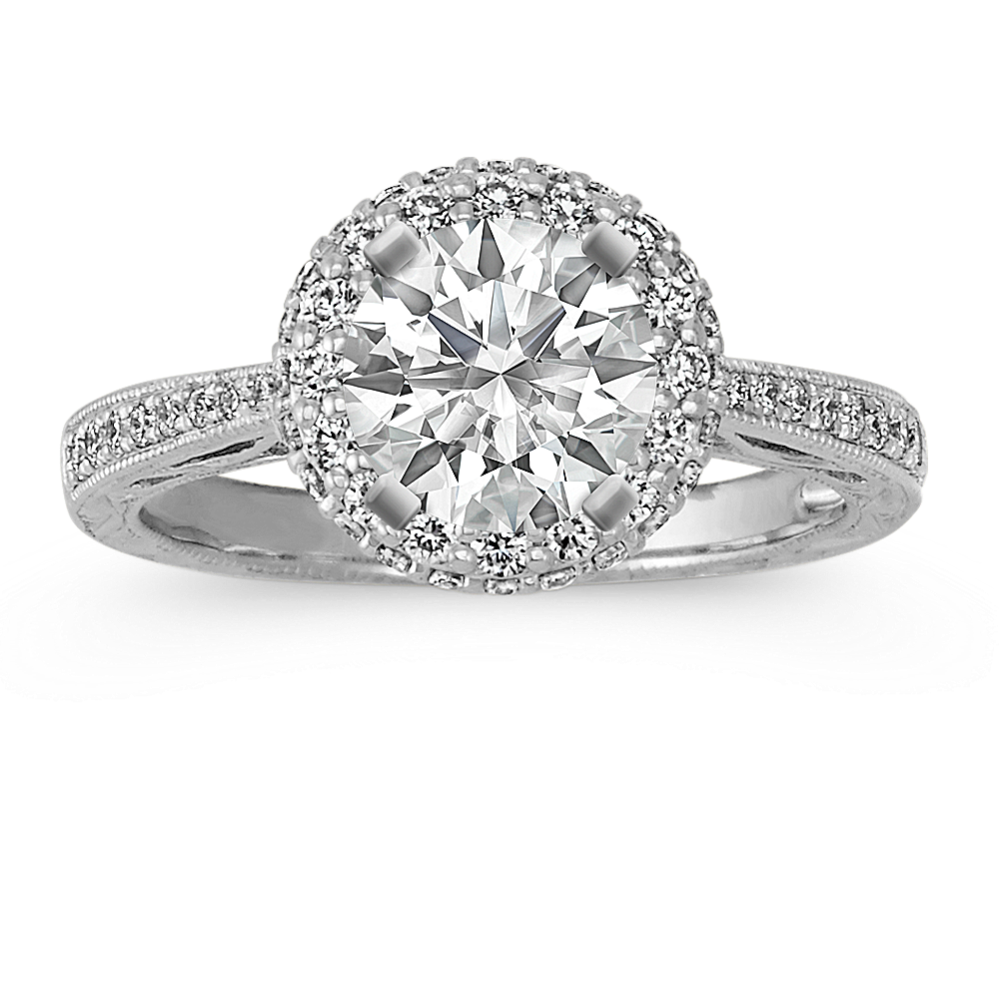 Vintage Round Halo Platinum Engagement Ring with Pave-Set Diamonds