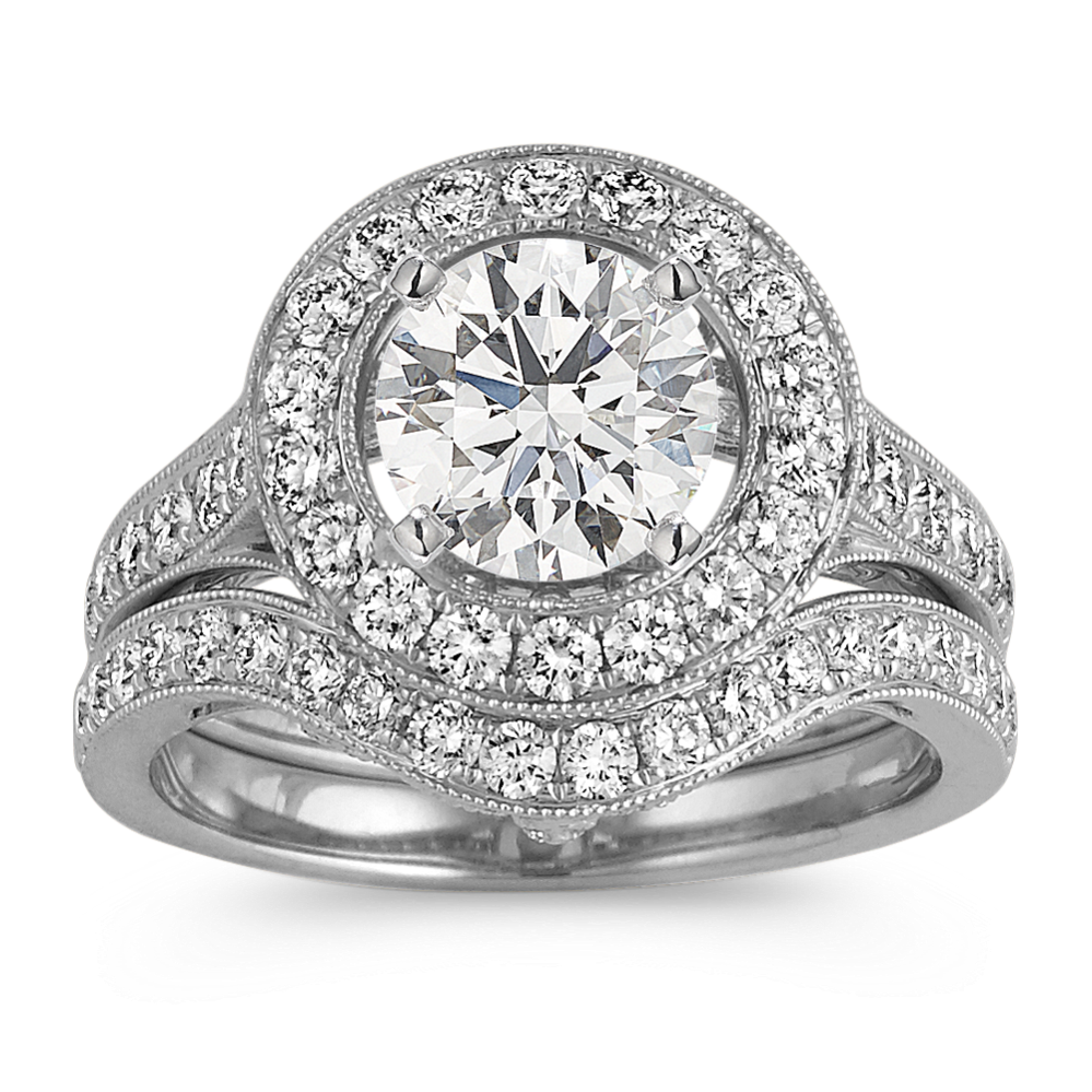 Round Diamond Halo Vintage Wedding Set with Pave Setting