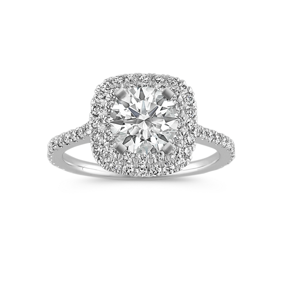 Round Natural Diamond Double Halo Engagement Ring with Pave-Setting