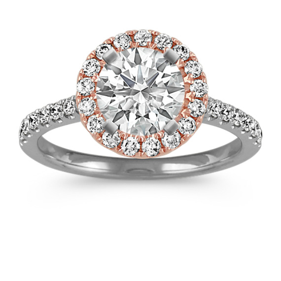 14k White and Rose Gold Round Halo Diamond Engagement Ring