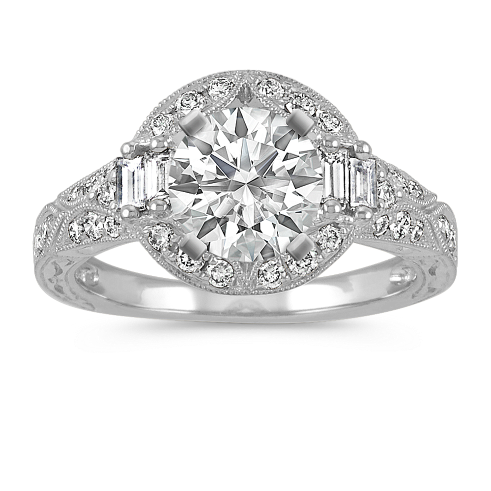 Medley Round and Baguette Diamond Halo Vintage Engagement Ring