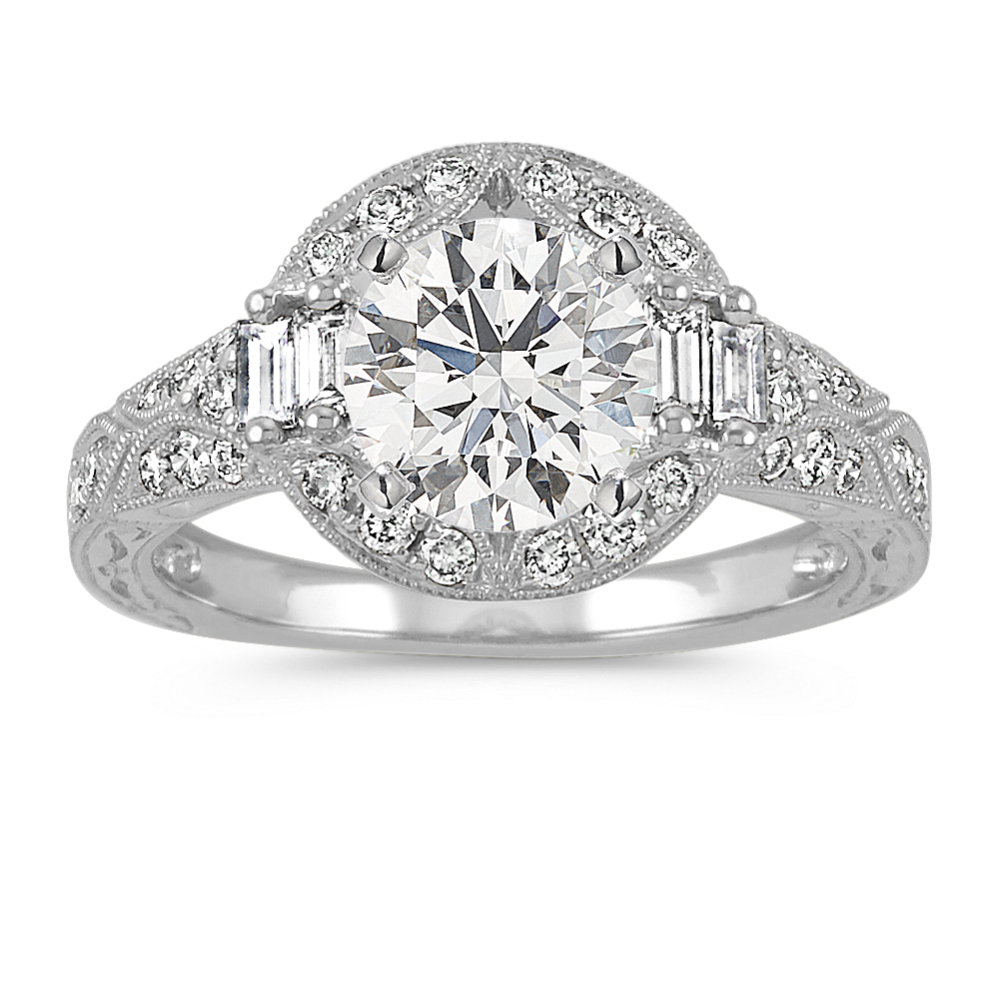 Medley Round and Baguette Diamond Halo Vintage Engagement Ring