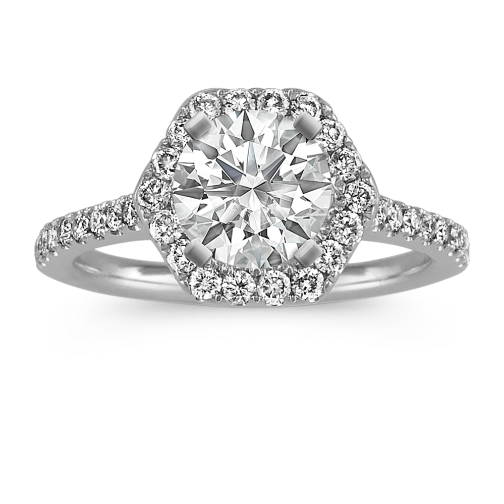 Round Diamond Hexagon Halo Engagement Ring in 14k White Gold