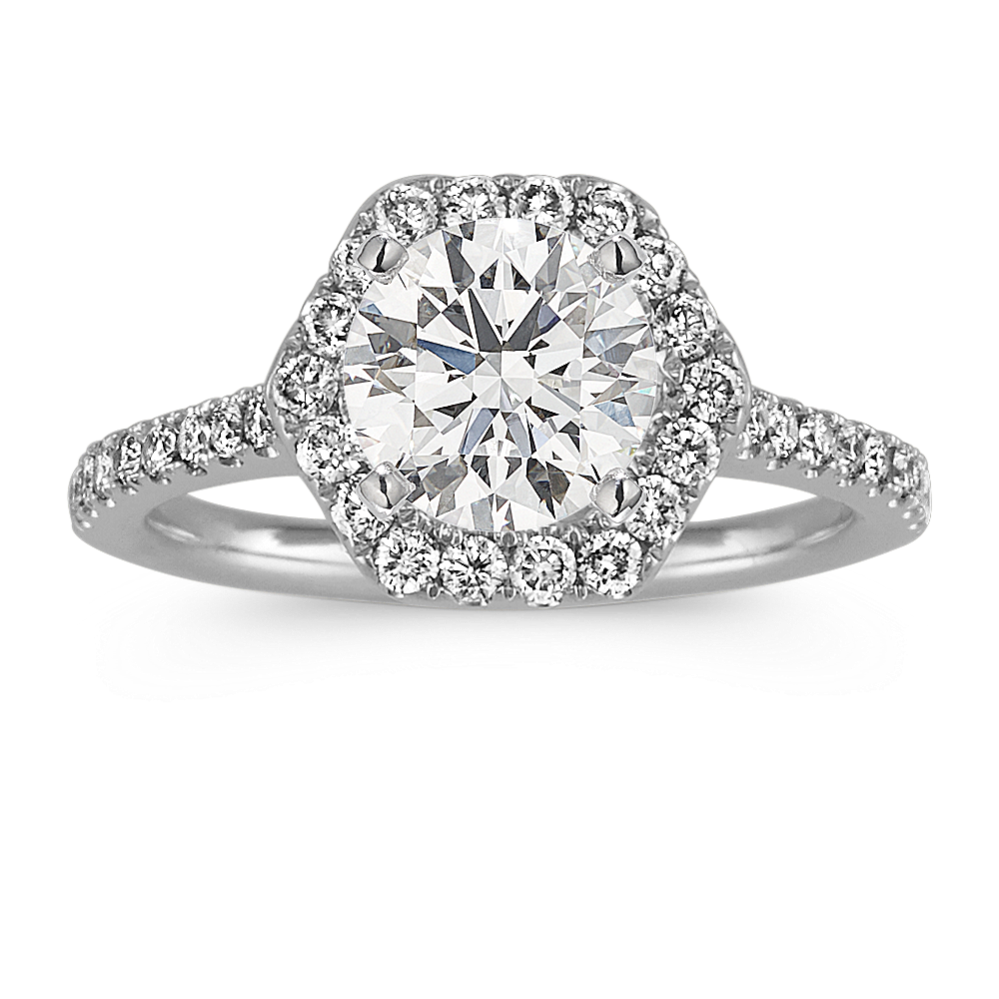 Round Diamond Hexagon Halo Engagement Ring in 14k White Gold