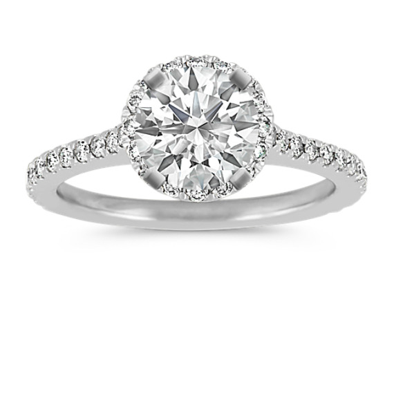 Pave-Set Round Diamond Halo Platinum Engagement Ring with Brilliant Round Diamond