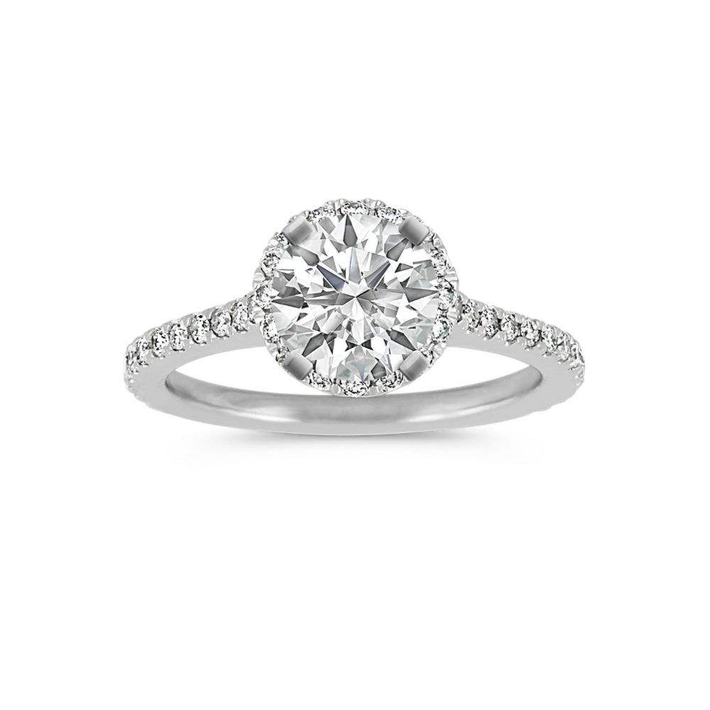Pave-Set Round Natural Diamond Halo Platinum Engagement Ring