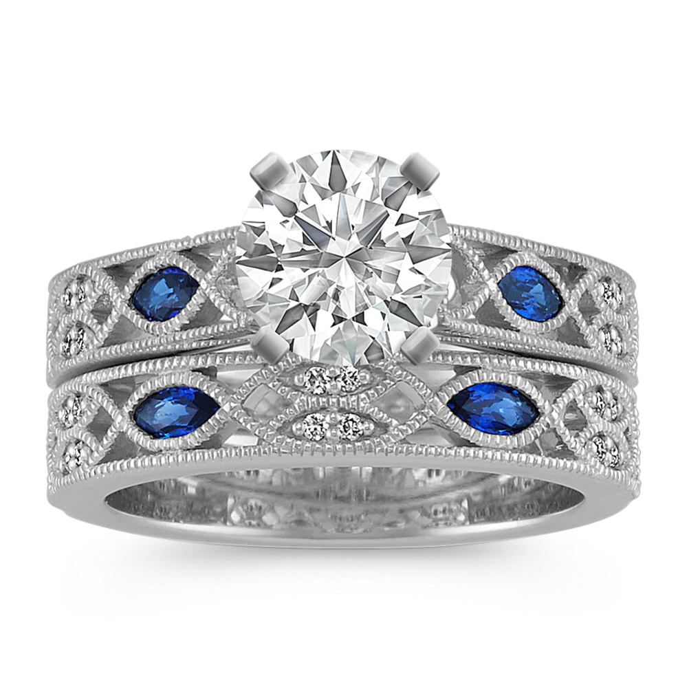 Marquise and Round Sapphire and Round Diamond Vintage Platinum Wedding Set