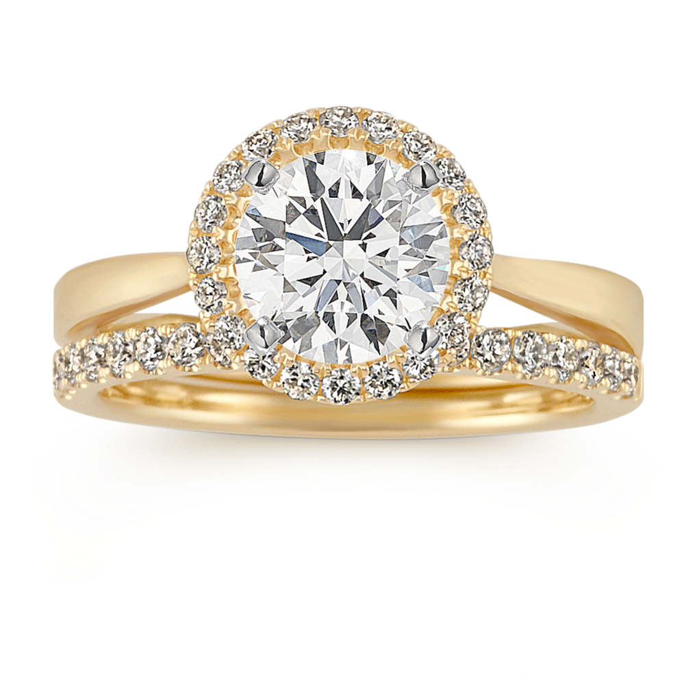 Halo Round Diamond Vintage Wedding Set with Pave Setting