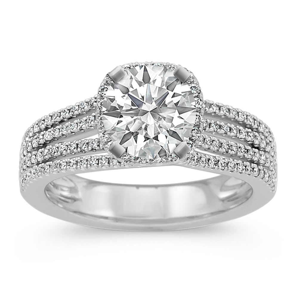 Round Diamond Cushion Halo Engagement Ring in 14k White Gold