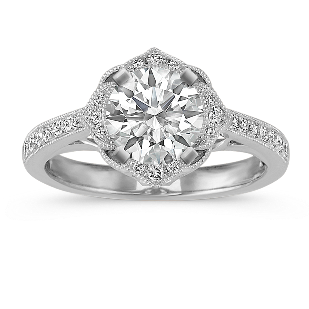 Vintage Floral Halo Diamond Engagement Ring in Platinum
