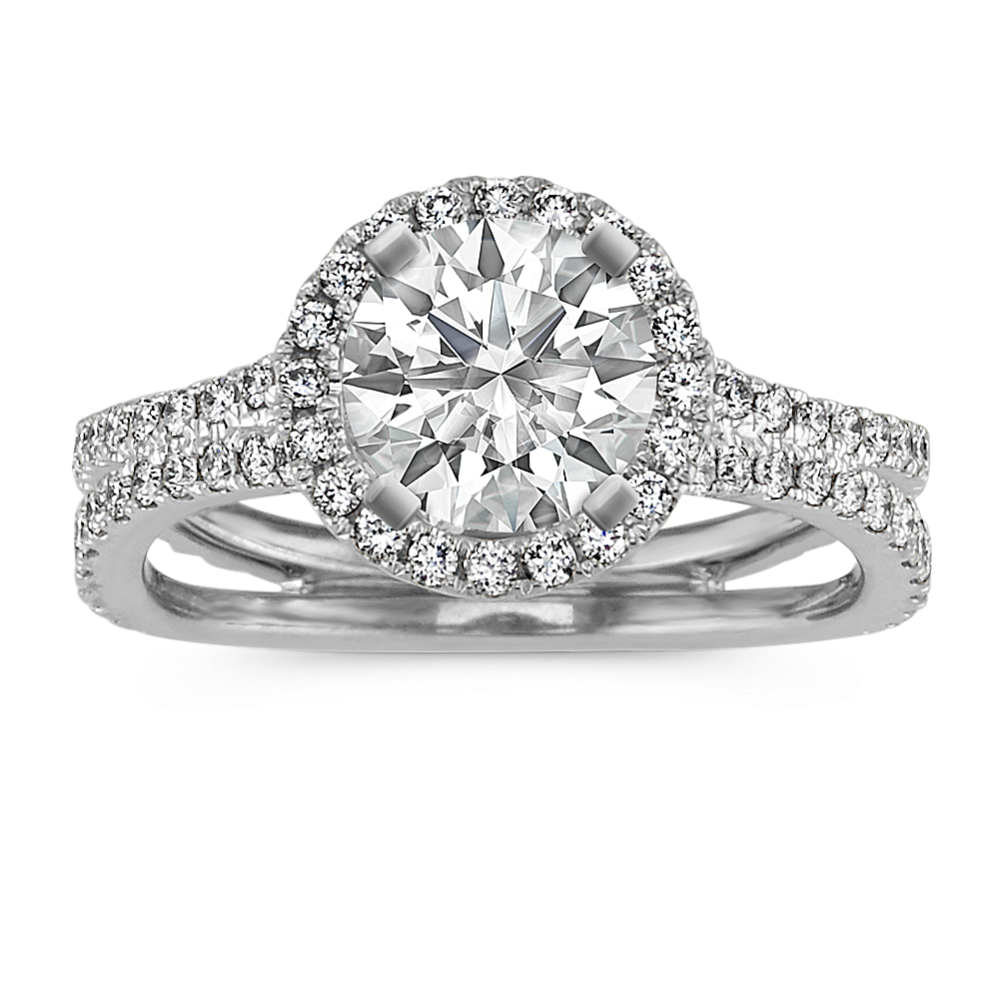 Round Diamond Halo Split Shank Engagement Ring in 14k White Gold