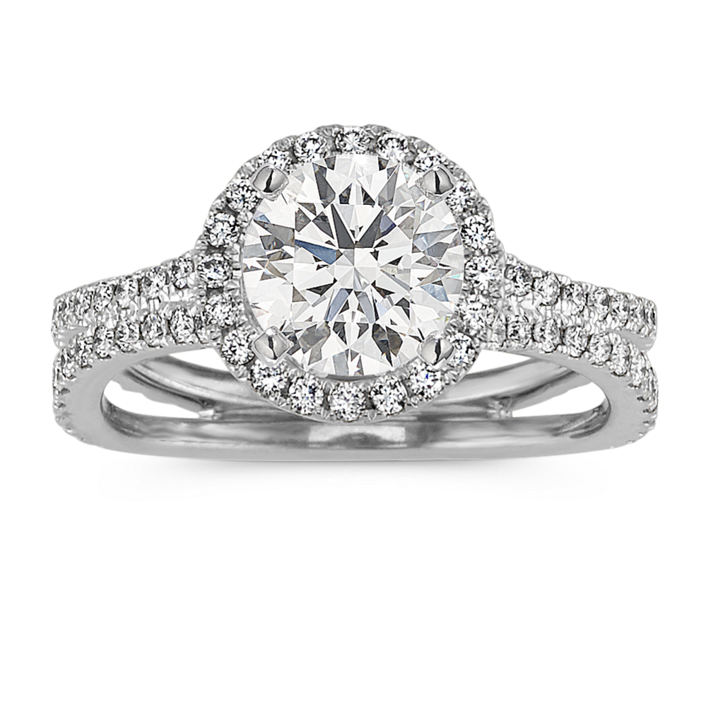 Round Diamond Halo Split Shank Engagement Ring in 14k White Gold