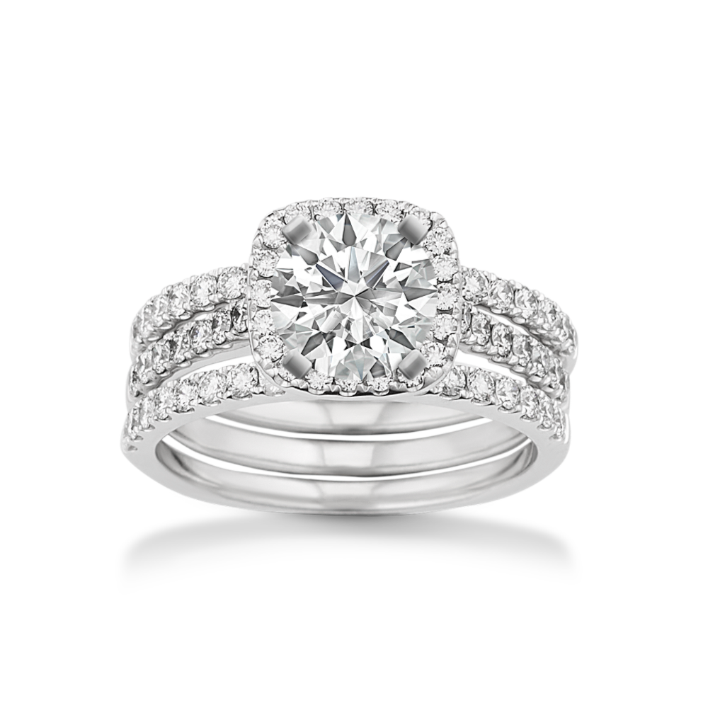 Round Natural Diamond Halo Wedding Set in 14k White Gold