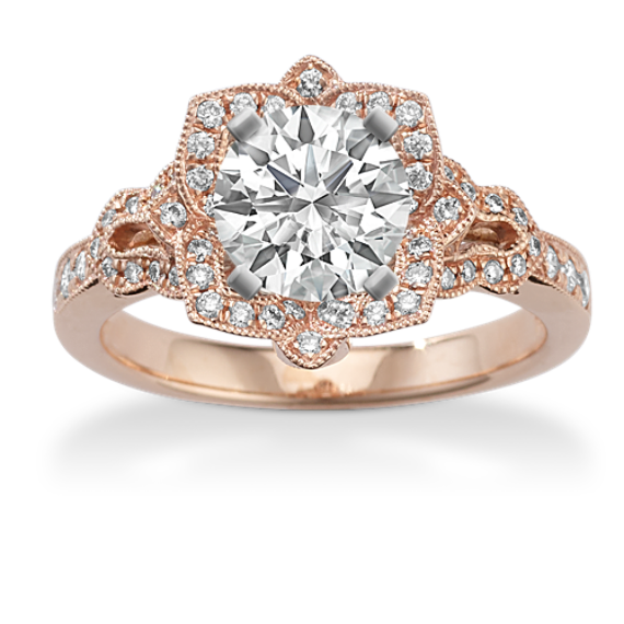 Vintage Floral Halo Natural Diamond Engagement Ring in 14k Rose Gold