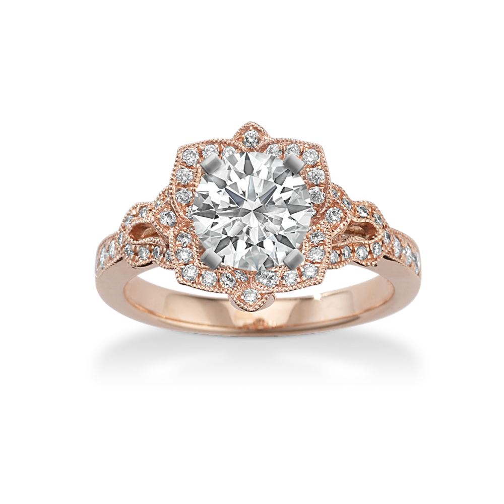 Vintage Floral Halo Natural Diamond Engagement Ring in 14k Rose Gold