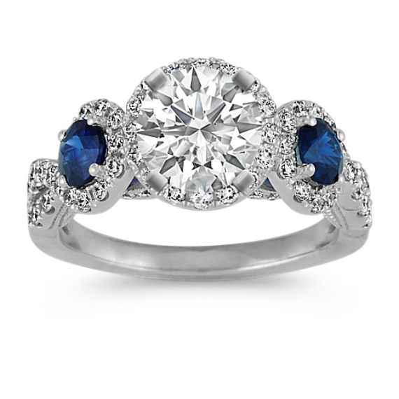 Three-Stone Sapphire and Diamond Halo Engagement Ring | Shane Co.