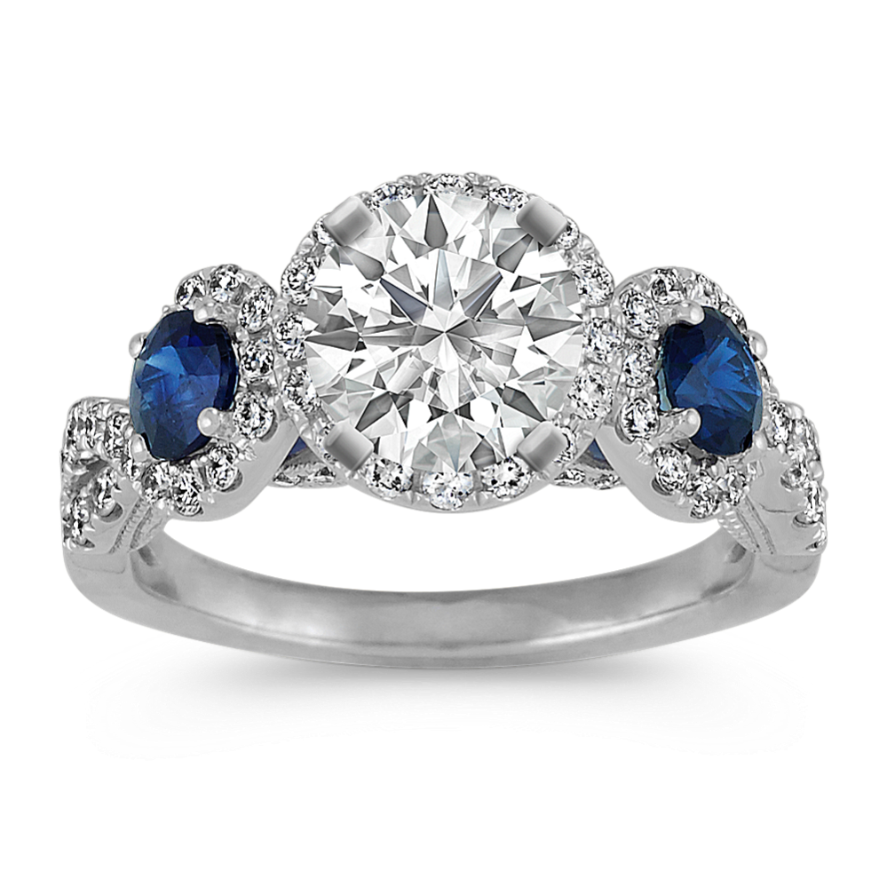 Three-Stone Sapphire and Diamond Halo Engagement Ring