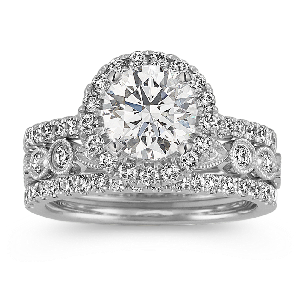 Halo Diamond Wedding Set in 14k White Gold