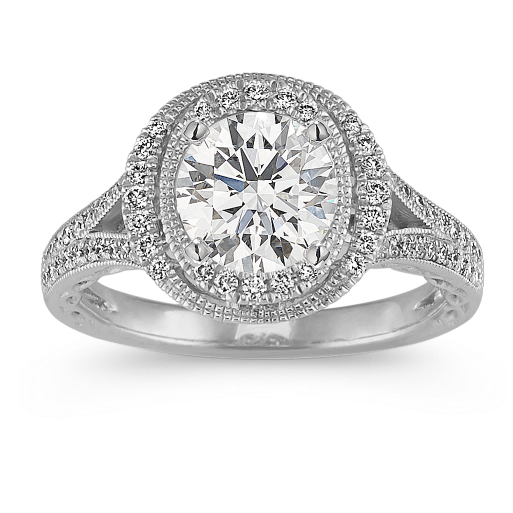 Vintage Double Halo Split Shank Engagement Ring in Platinum