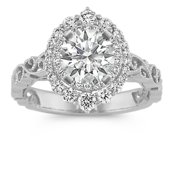 Vintage Halo Engagement Ring in 14k White Gold with Brilliant Round Diamond