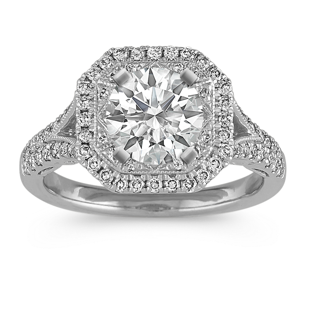 Vintage Split Shank Halo Diamond Engagement Ring