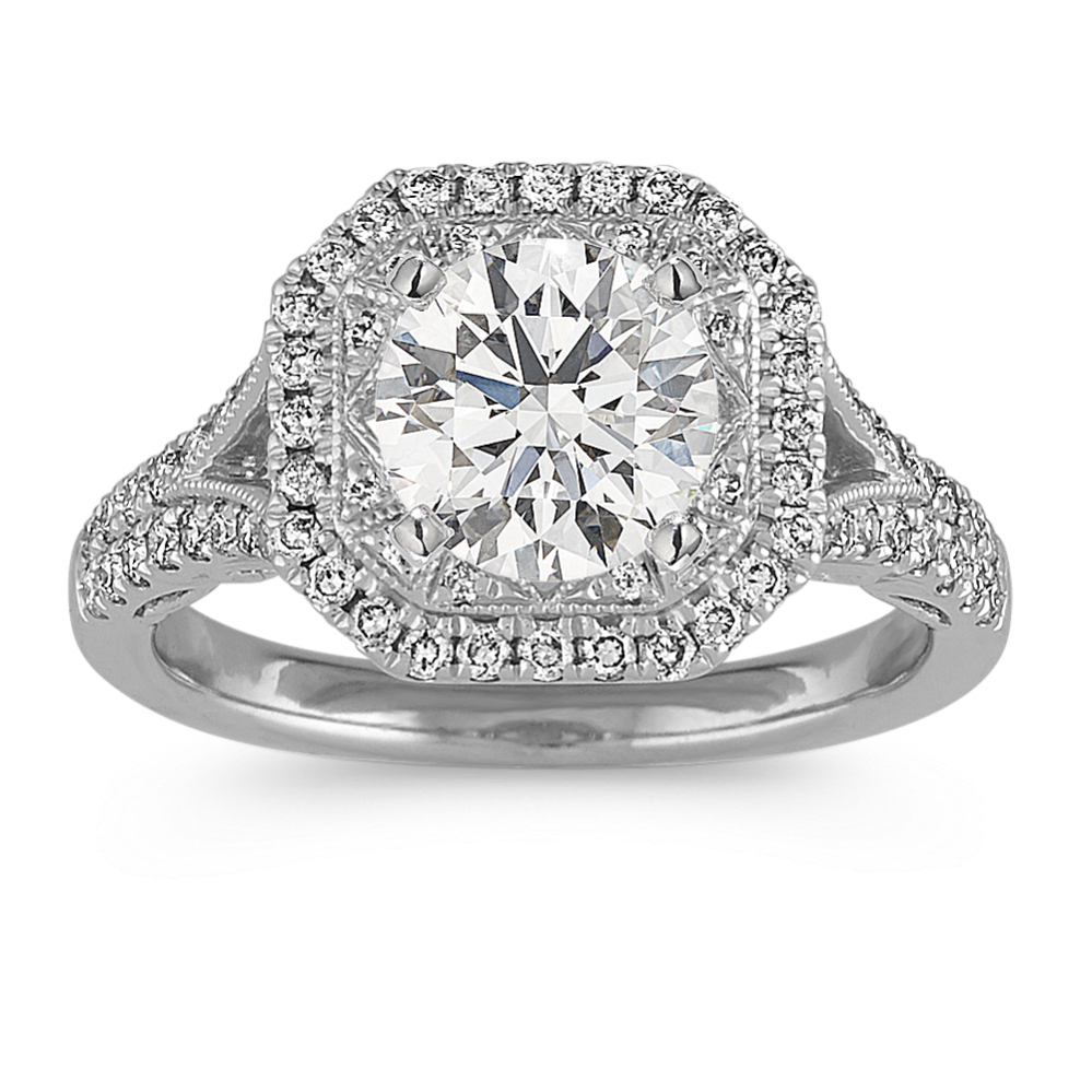 Vintage Split Shank Halo Diamond Engagement Ring in White Gold | Shane Co.