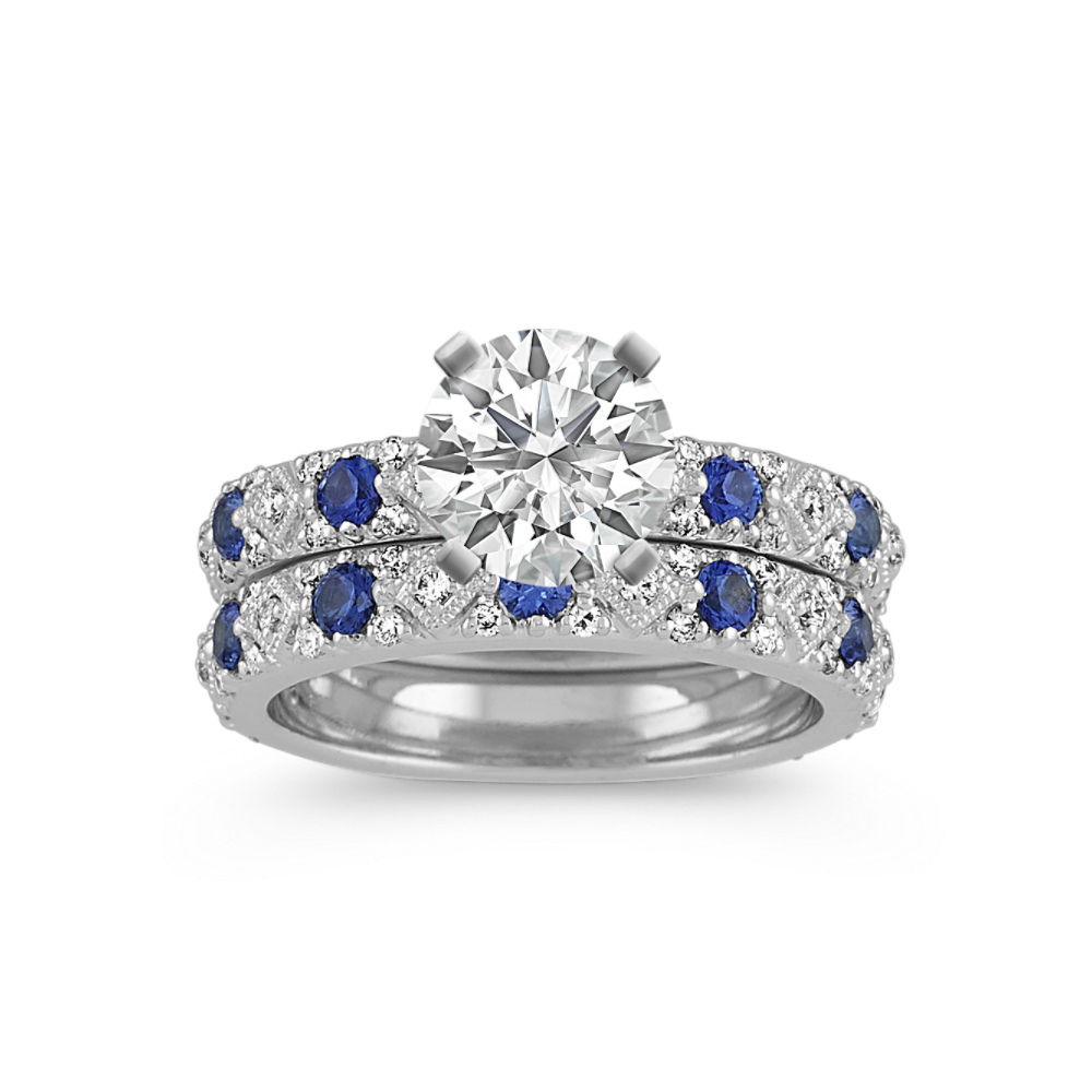 Traditional Blue Natural Sapphire and Natural Diamond Wedding Set in 14k White Gold