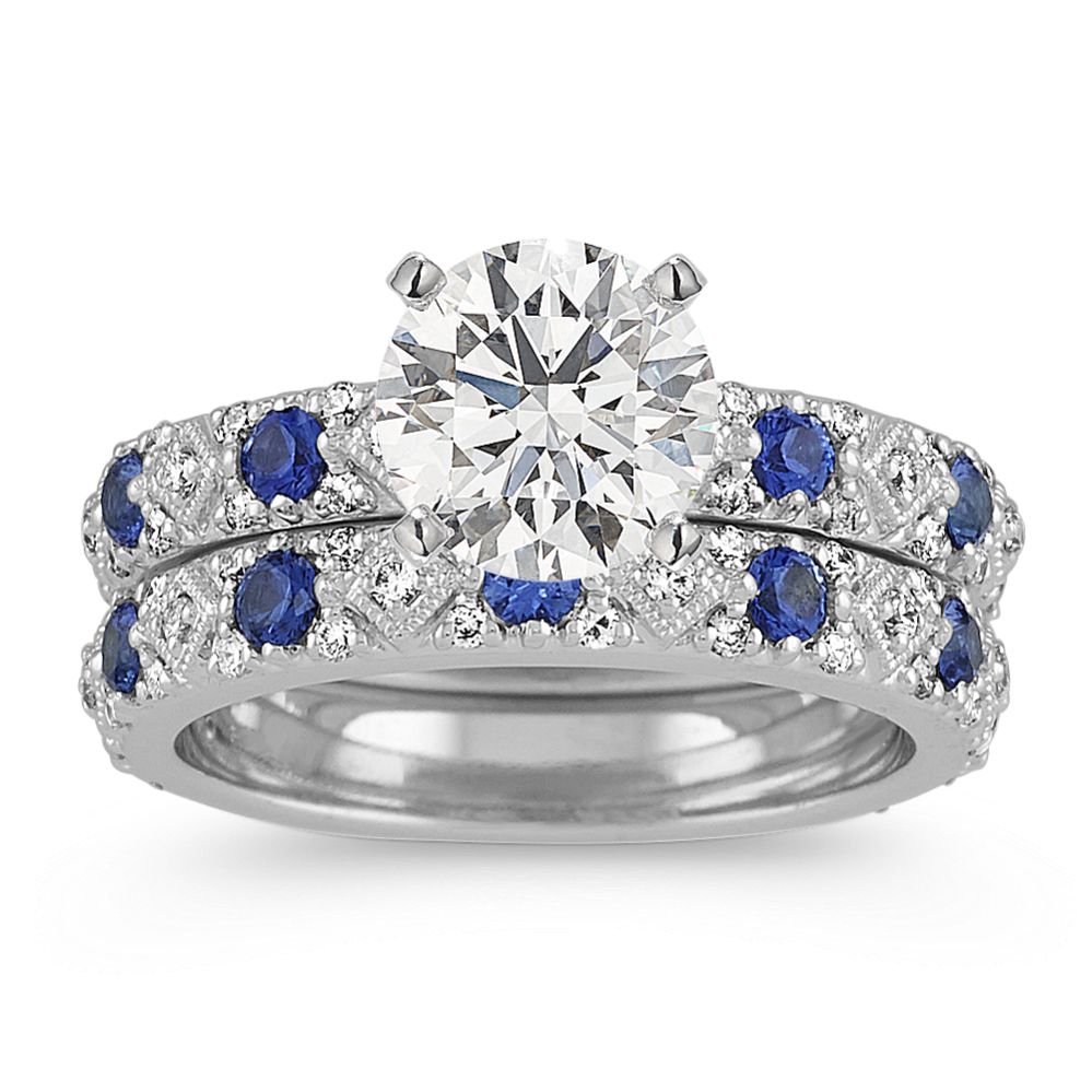 Traditional Blue Sapphire and Diamond Wedding Set in 14k White Gold